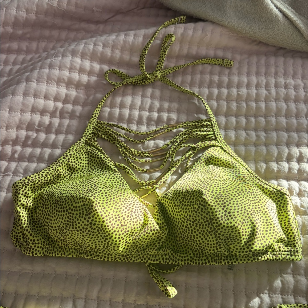 Victoria's Secret Neon Yellow and Black Dotted Halter Bikini Top
